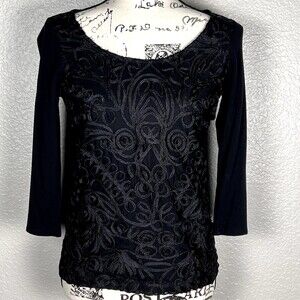 Grace Sz PS English Lace Embellished Blouse Long Sleeve Black Stretch